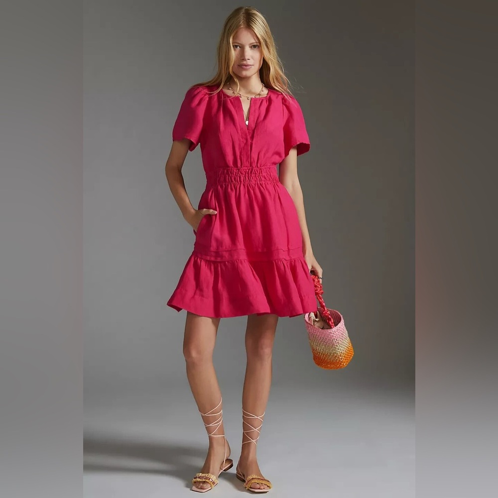 NWOT Anthropologie The Somerset Mini Dress Linen Edition Tiered Pink XS
